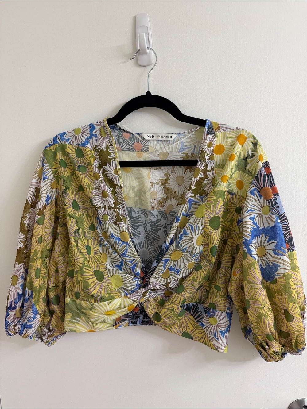 Zara Olive & Blue Floral Twist-Front Blouse M - Picture 2 of 3